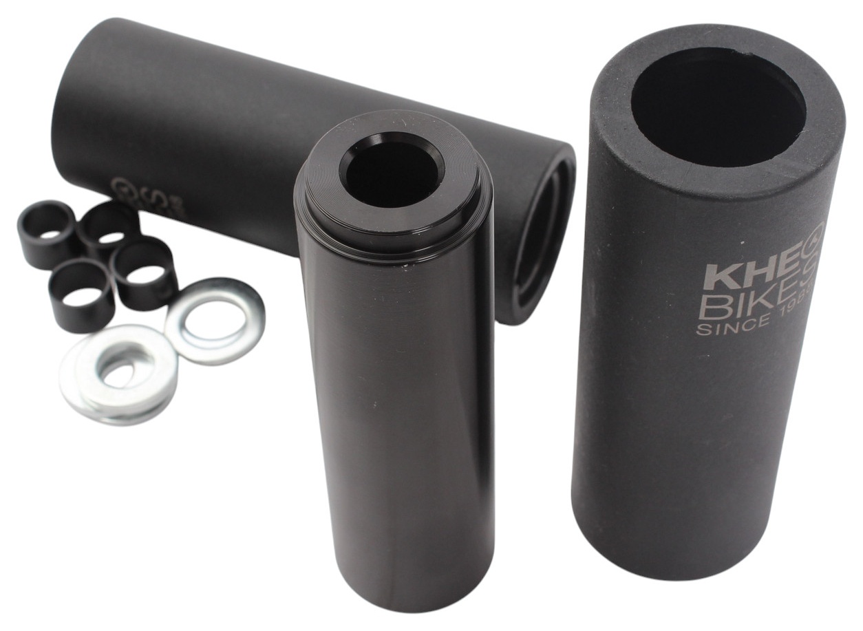 BMX Pegs KHE 2ND PRO PAAR, passend für 10 mm, 12 mm und 14 mm Achsen, inkl. Adapter und U-Scheiben, Länge 110 mm, Durchmesser 40 mm, Aluminiumkern mit Polycarbonat-Hülle, Gewicht 298 g (Paar), Farbe Schwarz, KHE Laser Logo, Einsatzbereich Grinds, BMX Free