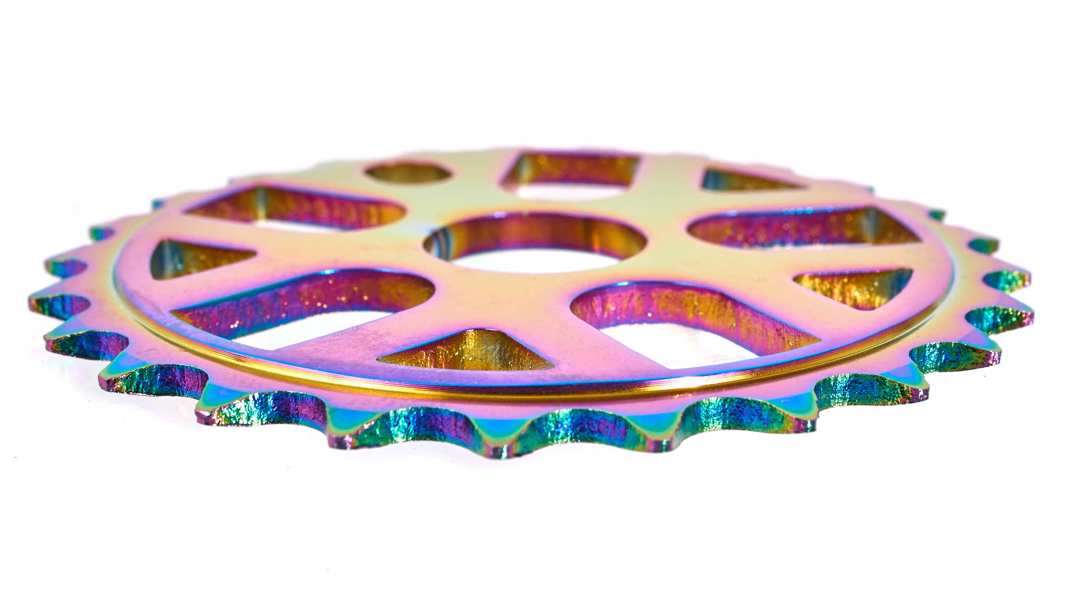 CNC gefertigtes Kettenblatt in Oil Slick von der Seite CNC gefertigtes Kettenblatt in Oil Slick von der Seite