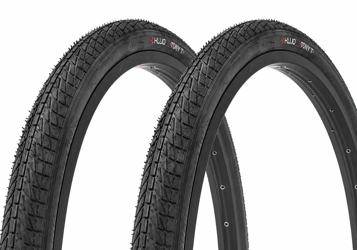 BMX Reifen SET KUJO Tony T 18 x 1,75 Zoll – Schwarz (2 Reifen, ETRTO 47-355, 27 TPI, Profil KU-2009 Tony T, Gewicht ca. 458 g pro Reifen, Farbe Schwarz, Einsatzbereich BMX, Kinderfahrräder, Fahrradanhänger)